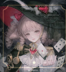  1girl animal_ears ascot bow card closed_mouth commentary_request drill_hair english_text epaulettes frills grey_eyes hat hat_feather heart holding long_sleeves looking_at_viewer original playing_card solo tolu_ya upper_body white_ascot 