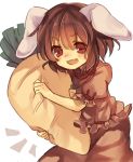  1girl amahira animal_ears brown_hair carrot dress inaba_tewi open_mouth rabbit_ears red_eyes short_hair smile solo stuffed_toy touhou 