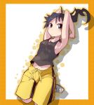  ahoge araragi_karen armpits arms_up asymmetrical_hair black_eyes black_hair comcom fried_egg hair_ornament long_hair monogatari_(series) navel nisemonogatari shorts side_ponytail smile solo 