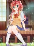  :d ano_natsu_de_matteru bad_id blue_eyes footwear glasses highres llaoi_h long_hair open_mouth pink_hair school_uniform sitting skirt smile socks solo takatsuki_ichika 