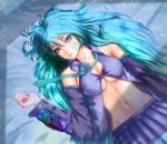  aqua_eyes aqua_hair bare_shoulders breasts cleavage detached_sleeves fta hatsune_miku long_hair looking_at_viewer lying navel necktie on_back smile solo twintails very_long_hair vocaloid 