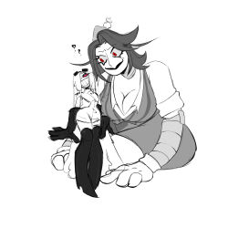  2girls absurdly_long_hair black_lips breasts cheese cheese_hair cheese_trail evil_grin evil_smile flat_chest food giant giantess grin highres large_breasts long_hair mad_scientist mother_agony mozzarella_(mother_agony) multiple_girls original pale_skin pizza_mommy_(mother_agony) pizza_tower red_eyes robot robot_girl short_hair smile smug very_long_hair 