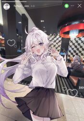  2girls ;d absurdres ahoge black_skirt blue_eyes blush collared_shirt cowboy_shot double_v grey_hair grey_shirt heart herrscher_of_sentience highres honkai_(series) honkai_impact_3rd instagram instagram_story kiana_kaslana kiana_kaslana_(herrscher_of_finality) long_hair long_sleeves multiple_girls on_chair one_eye_closed open_mouth photo_background ponytail rino_ebe shirt sitting skirt smile solo_focus star_(symbol) v very_long_hair white_hair white_shirt 