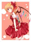  ;) adult ascot blonde_hair blush bow crystal dress flandre_scarlet hair_bow highres no_hat no_headwear pink_eyes ponytail potten red_dress short_hair side_ponytail skirt skirt_set smile solo the_embodiment_of_scarlet_devil thigh-highs thighhighs touhou white_legwear wings wink 