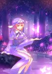  absurdres breasts butterfly cherry_blossoms feet_in_water forest glowing hat highres japanese_clothes nanayuna nature obi petals pink_eyes pink_hair reflection saigyouji_yuyuko short_hair sitting smile soaking_feet solo touhou tree triangular_headpiece water 