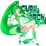  bike_shorts character_name choker cure_march dress green_dress green_eyes green_hair grin highres long_hair magical_girl midorikawa_nao ponytail precure shoes shorts_under_skirt skirt smile smile_precure! solo space_jin spacezin tri_tails white_background wrist_cuffs 
