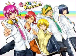  aoki_reika bad_id blonde_hair blue_eyes blue_hair cardigan chair directional_arrow genderswap green_eyes green_hair grin headband headphones hino_akane hoshizora_miyuki ichinose777 kise_yayoi mars_symbol midorikawa_nao multiple_boys necktie pants pink_eyes pink_hair pointing precure rainbow red_eyes red_hair redhead school_uniform shirt_around_waist shoes sitting smile smile_precure! sweater_around_waist title_drop venus_symbol white_background yellow_eyes 