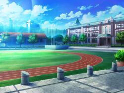  artist_request blue_sky bush city clouds day game_cg house magia_record:_mahou_shoujo_madoka_magica_gaiden mahou_shoujo_madoka_magica no_humans official_art outdoors school sky stairs sunlight track_and_field tree 