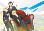  2boys ahoge androgynous avalon_(fate/stay_night) black_hair blonde_hair couch dutch_angle excalibur fate/zero fate_(series) formal gae_buidhe gae_dearg gilgamesh green_eyes lancer_(fate/zero) long_hair mole multiple_boys pant_suit polearm ponytail red_eyes reverse_trap saber spear suit sword tomboy track_suit v-neck weapon xia_(ryugo) yellow_eyes 
