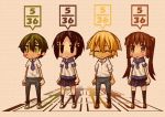  2girls :&lt; ^_^ black_eyes black_hair blush_stickers brown_eyes brown_hair chibi closed_eyes eyes_closed green_eyes green_hair hair_ornament hairclip long_hair multiple_boys multiple_girls original rokuno school_uniform skirt standing twintails watch wristband wristwatch 