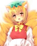  absurdres animal_ears blonde_hair blush bow chen chen_(cosplay) cosplay dress fang fox_ears fox_tail hands_in_sleeves hat highres long_sleeves m-1_grand_prix multiple_tails nekonomati open_mouth pink_eyes red_dress short_hair smile solo tail touhou yakumo_ran 