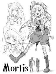 1girl :d \||/ absurdres ascot bang_dream! bang_dream!_it&#039;s_mygo!!!!! blunt_bangs boots brooch capelet character_name checkered_thighhighs chinese_commentary commentary_request corset drawing_mannequin frilled_capelet frilled_corset frills greyscale hachibousei_dance_(bang_dream!) hand_on_own_cheek hand_on_own_face hands_up hat hatching_(texture) highres jester_cap jewelry lace-up_boots leg_up linear_hatching long_hair marionette monochrome mortis_(bang_dream!) mortis_(persona)_(bang_dream!) multiple_views official_alternate_costume polka_dot_shadow puppet shadow simple_background smile standing standing_on_one_leg tassel thigh-highs wakaba_mutsumi white_background yeeee_chen 