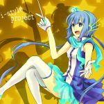 :d aoki_lapis blue_eyes blue_hair creamyya crossed_legs diamond gloves headset highres legs_crossed long_hair open_mouth scarf sitting skirt smile solo thigh-highs thighhighs tourmaline twintails very_long_hair vocaloid white_gloves white_legwear 