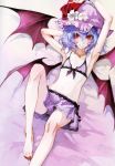  1girl absurdres alternate_costume arms_up banpai_akira barefoot bat_wings feet flower hair_flower hair_ornament hat highres leg_lift light_smile long_toenails lying multiple_wings nail_polish on_back purple_hair red_eyes remilia_scarlet scan short_hair smile solo toenails touhou vampire wings wrist_cuffs 