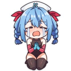  1girl alpha_transparency black_leotard black_thighhighs blue_gloves blue_hair blush chibi closed_eyes colphne_(girls'_frontline_2) colphne_(silent_heart)_(girls'_frontline_2) commentary crying english_commentary facing_viewer girls'_frontline_2:_exilium girls_frontline gloves hat leotard medium_hair nurse_cap official_alternate_costume open_mouth own_hands_together rishe_(reeeeshe) seiza simple_background sitting solo thigh-highs 