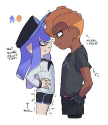  1boy 1girl anger_vein annoyed black_gloves black_leggings black_neckerchief black_sailor_collar black_shirt black_shoes black_shorts black_visor blue_hair blue_visor blunt_bangs blunt_ends blunt_sidelocks collared_shirt commentary_request coula_cat cropped_legs dark-skinned_male dark_skin dolphin_shorts face-to-face fingerless_gloves forehead-to-forehead glaring gloves green_eyes grey_eyes hair_between_eyes hand_on_own_hip hands_in_pockets hat heads_together height_difference highres inkling_(swim_form) inkling_girl inkling_player_character leggings long_hair long_sidelocks long_sleeves looking_at_another looking_down looking_up mohawk narrowed_eyes neckerchief octoling_(swim_form) octoling_boy octoling_player_character pointy_ears print_shirt rivalry sailor_collar sandals shirt shoes short_hair short_sleeves shorts sidelocks simple_background smile sparks splatoon_(series) tentacle_hair thick_eyebrows translation_request two-tone_hat very_long_sidelocks visor_cap vs white_background white_sandals white_shirt 