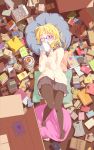  ;) blonde_hair book box brown_legwear cardboard_box covering covering_face covering_mouth cup glasses highres holding holding_book looking_at_viewer lying no_shoes on_back open_book original pantyhose pillow plate purple-framed_glasses purple_eyes red_eyes rokuno school_uniform skirt smile solo tea teacup too_many_books violet_eyes wink 