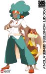  1girl absurdres afro aloe_(pokemon) belt blouse dark_skin green_eyes green_hair headband highres lipstick makeup no_socks pants pokemon pokemon_(creature) pokemon_(game) pokemon_bw shirt simple_background souji standing watchog white_background white_shirt 