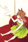 animal_ears barefoot blush breasts brown_eyes brown_hair cat_ears cleavage dress heart heart_of_string hrd long_hair looking_up original outstretched_arm pinky_out red_string sitting solo string 