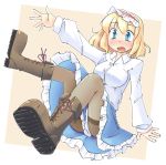  alice_margatroid arnest black_legwear blonde_hair blue_eyes blush boots brown_legwear cross-laced_footwear dress_shirt lace-up_boots open_mouth outstretched_hand pantyhose shirt short_hair skirt skirt_set solo touhou 