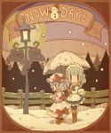  black_legwear blue_hair blush blush_stickers boots bow braid chibi fence grey_hair hair_bow hat highres izayoi_sakuya lamp lamppost mittens multiple_girls pantyhose parasol remilia_scarlet short_hair snow snow_bunny snowman takahero touhou twin_braids umbrella |_| 