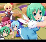  all_fours animal_ears antennae ascot blonde_hair blue_dress blue_eyes blue_hair blush bow breasts brown_dress child cirno daiyousei danshi_koukousei_no_nichijou desk dress fairy_wings fang from_below green_eyes green_hair grey_hair hair_bow hair_ribbon hat implied_pantyshot kneeling kuromu_(underporno) letterboxed looking_at_another multiple_girls mystia_lorelei no_nose open_mouth outstretched_arms parody peeking pillow pink_eyes pink_hair red_eyes ribbon rumia shirt side_ponytail sitting skirt skirt_set spread_arms sweat tatami team_9 touhou upskirt wings wriggle_nightbug youkai 