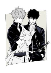  2boys adam's_apple ascot belt belt_buckle blue_eyes buckle cigarette closed_mouth collarbone commentary_request cropped_legs crossed_arms ghqjyu gintama hair_between_eyes hair_over_one_eye hand_in_pocket high_collar highres hijikata_toushirou jacket long_sleeves looking_at_viewer male_focus multiple_boys open_collar pants parted_lips sakata_gintoki sash shinsengumi short_sleeves sleeve_cuffs smile standing 