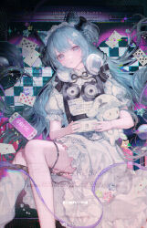 1girl animal_ears aqua_hair blue_eyes blue_hair card cat_ears commentary_request dress frills hair_ornament hatsune_miku headphones highres holding long_hair looking_at_viewer lying original playing_card puffy_short_sleeves puffy_sleeves short_sleeves solo stuffed_animal stuffed_toy tolu_ya vocaloid white_dress