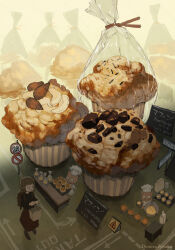  1girl almond apron artist_name bag chef_hat chocolate commentary demizu_posuka food hat highres holding holding_bag horns muffin original oven_mitts paper_bag white_apron 