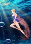  adapted_costume ahoge blonde_hair bubble fate/stay_night fate_(series) freediving green_eyes hair_ribbon highres lipstick makeup one-piece_swimsuit prettyblue88 ribbon saber solo swimming swimsuit underwater 