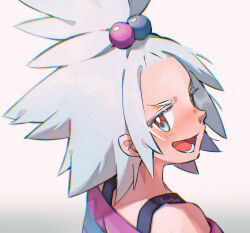  1girl alien_ashi blue_eyes dress hair_bobbles hair_ornament head_tilt highres looking_at_viewer open_mouth pokemon pokemon_bw2 roxie_(pokemon) short_hair smile solo striped_clothes striped_dress topknot white_hair 