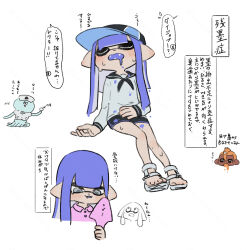  1boy 2girls :t black_sailor_collar black_shorts black_visor blue_hair blue_visor blunt_bangs blunt_ends blunt_sidelocks collared_shirt commentary_request coula_cat cropped_shoulders dark-skinned_male dark_skin dolphin_shorts doodle_inset dot_nose drooling eyebrows_hidden_by_hair fangs full_body hair_between_eyes hand_mirror hand_on_own_stomach hat head_tilt highres holding holding_mirror ink inkling_girl inkling_player_character invisible_chair jellyfish_(splatoon) long_hair long_sidelocks long_sleeves looking_at_mirror mirror mohawk multiple_girls multiple_legs nightshirt nurse nurse_cap octoling_boy octoling_player_character orange_hair pink_shirt pointy_ears puffy_cheeks runny_nose sailor_collar sandals shirt short_sleeves shorts sick sidelocks simple_background sitting snot solo_focus speech_bubble splatoon_(series) suction_cups sweat tearing_up tentacle_hair three_quarter_view translation_request two-tone_hat visor_cap vomiting white_background white_sandals 