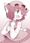  animal_ears breasts cat_ears cat_tail chen ear_wiggle earrings gradient gradient_background heart heart_tail jewelry kitsune_choukan monochrome multiple_tails open_mouth smile solo tail touhou 
