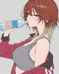  1girl 37bannai after_exercise ai-generated aketa_mikoto blonde_hair blush bottle breasts drink from_side grey_background grey_sports_bra highres holding holding_bottle idolmaster idolmaster_shiny_colors jacket large_breasts looking_to_the_side medium_hair messy_hair multicolored_hair red_hair solo sports_bra sweat track_jacket two-tone_hair unworn_jacket upper_body very_sweaty water_bottle 