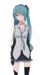  aqua_eyes aqua_hair detached_sleeves frown hatsune_miku headphones highres long_hair navel sakuragawa_mionoketsu simple_background skirt solo thigh-highs thighhighs twintails vocaloid white_background 