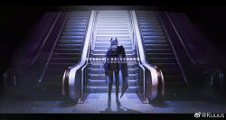  1boy absurdres black_border black_choker black_coat black_horns black_pants black_shirt blue_coat border chinese_commentary choker coat commentary_request commission dark demon_horns escalator eyepatch full_body grey_shoes hair_between_eyes highres holding holding_coat holding_unworn_clothes horns indoors kuuus letterboxed light_particles long_hair low_ponytail original pants ponytail shadow shirt shoes sneakers solo standing sweatpants tile_floor tiles two-sided_coat two-sided_fabric unworn_coat very_long_hair watermark weibo_watermark white_hair 