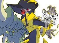  1boy armor black_armor black_bodysuit black_helmet bodysuit commentary_request double_soul_(mega_man) elecman.exe gregar_(mega_man) helmet male_focus mega_man_(series) mega_man_battle_network_(series) mega_man_battle_network_6 megaman.exe red_eyes simple_background slit_pupils solo to_i_to_io upper_body white_background yellow_armor 