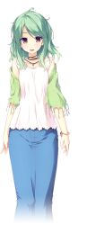  1girl arms_at_sides blush bracelet breasts denim denim_skirt green_hair green_shawl jewelry kitaooji_karen long_hair long_skirt looking_at_viewer making_lovers necklace official_art open_mouth orange_eyes outline parted_bangs shawl shirt sidelocks skirt small_breasts smile solo straight-on taniyama-san transparent_background white_outline white_shirt 