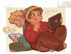  2boys beanie blonde_hair blue_eyes brown_hair butters_stotch child dabi_bill eric_cartman hat heterochromia male_focus multiple_boys shirt short_hair sitting south_park tablet_pc 