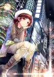  arudehido bad_id blush boots building chin_rest christmas_tree city hat jacket long_hair original pants red_eyes red_hair redhead sitting smile solo sweater 