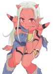  bracelet breasts dragon_quest dragon_quest_x horns hyakuen_raitaa jewelry long_hair ogre_(dq10) pointy_ears red_eyes red_skin simple_background smile solo white_background white_hair 