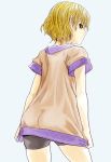  ass bike_shorts blonde_hair from_behind green_eyes looking_back mizuhashi_parsee pointy_ears shiba_itsuki shirt_tug short_hair simple_background sketch solo touhou white_background 