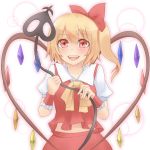  ascot blonde_hair blush bow fang fangs flandre_scarlet hair_bow hat heart heart_wings laevatein no_hat no_headwear open_mouth red_eyes sakurea short_hair side_ponytail smile solo the_embodiment_of_scarlet_devil touhou wings wrist_cuffs 