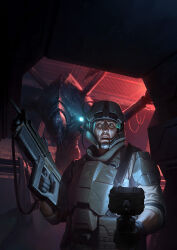 1other alien armor assault_rifle bulletproof_vest darren_tan extra_arms gun gun_sling headlamp helmet highres holding holding_gun holding_weapon indoors knife looking_at_object monster official_art original rifle shadow sheath sheathed shoulder_armor space_marine weapon