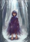  androgynous bare_tree bare_trees barefoot black_hair blue_eyes character_name child cloak creepy forest glowing glowing_eyes nature others pukun rags snow solo tree white_walker_(a_song_of_ice_and_fire) 