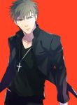  adapted_costume black_jacket brown_eyes brown_hair casual cross cross_necklace fate/zero fate_(series) habit jacket jewelry kotomine_kirei male necklace open_clothes short_hair simple_background solo sukumaraku 