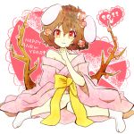  2011 :3 animal_ears bad_id bare_shoulders brown_eyes brown_hair bunny_ears flower hair_flower hair_ornament heart inaba_tewi japanese_clotehs japanese_clothes new_year off_shoulder rojiuranoneko sitting smile solo tabi touhou white_legwear 