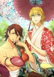  bad_id bare_shoulders barnaby_brooks_jr blonde_hair blue_eyes brown_eyes brown_hair cherry_blossoms facial_hair flower glasses gourd haori japanese_clothes kaburagi_t_kotetsu kimono multiple_boys offering_drink parasol petals sakazuki sake shivue short_hair stubble tiger_&amp;_bunny tree umbrella 