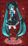  ahoge aqua_eyes aqua_hair boots bow bowtie detached_sleeves hair_bow hatsune_miku highres long_hair microphone necktie open_mouth pigeon-toed skirt sleeves_past_wrists solo thigh-highs thigh_boots thighhighs twintails very_long_hair vocaloid yanagisato_ao 