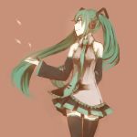  aqua_eyes aqua_hair bad_id bare_shoulders brown_background detached_sleeves hair_ornament hatsune_miku headset lemontea long_hair necktie simple_background skirt smile solo thigh-highs thighhighs twintails vocaloid wind 